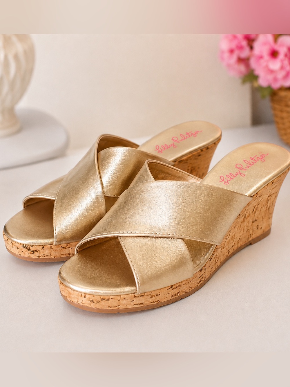 Lilly Pulitzer Selena Gold Metallic Cork Wedge Sandals